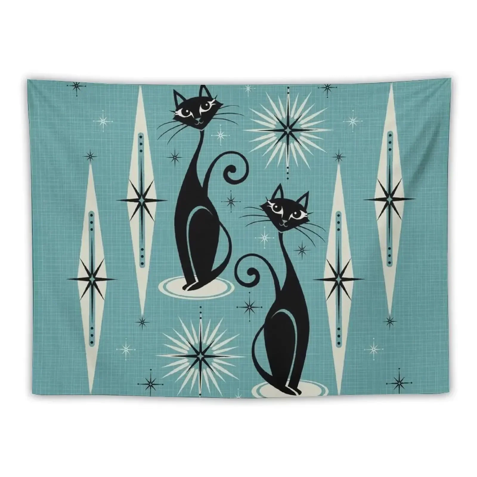 Mid Century Meow on Blue - Large Scale Tapestry Decorations For Your Bedroom Things To The Room Tapestry