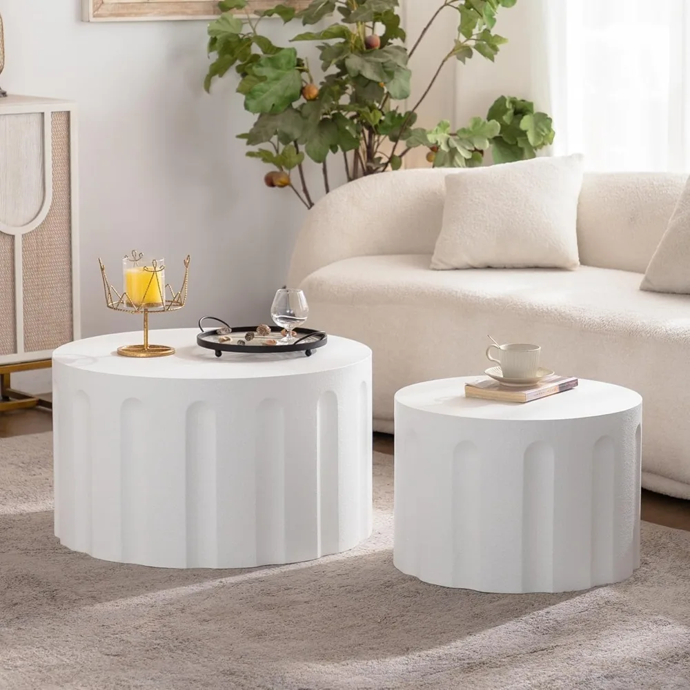 

Round Coffee Table Set of 2, Modern Fluted Nesting Coffee Table, Space-Saving Round Circle Coffee Tables, Side End Table