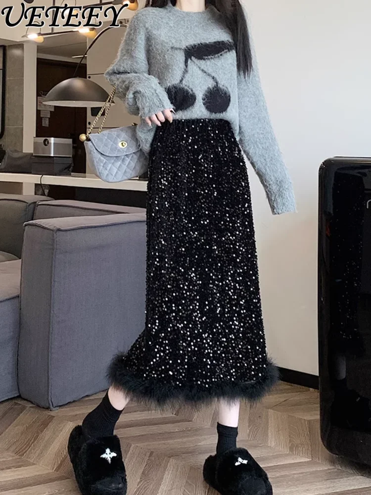 Premium Black Sequined Fluffy Splicing Skirt Women's Autumn and Winter High Waist Mid-length Split Velvet One-step Skirts