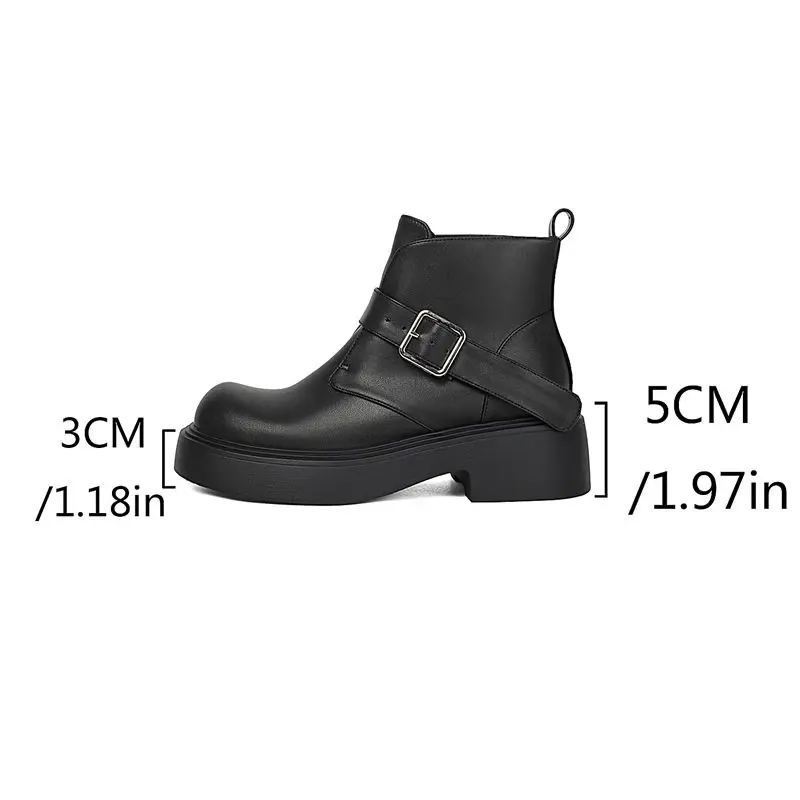 REAVE CAT Black Women Ankle Boots Round Toe 5cm Thick Heel Platform Belt Buckle Plus Size 42 43 Leisure Daily Short Botas Shoes