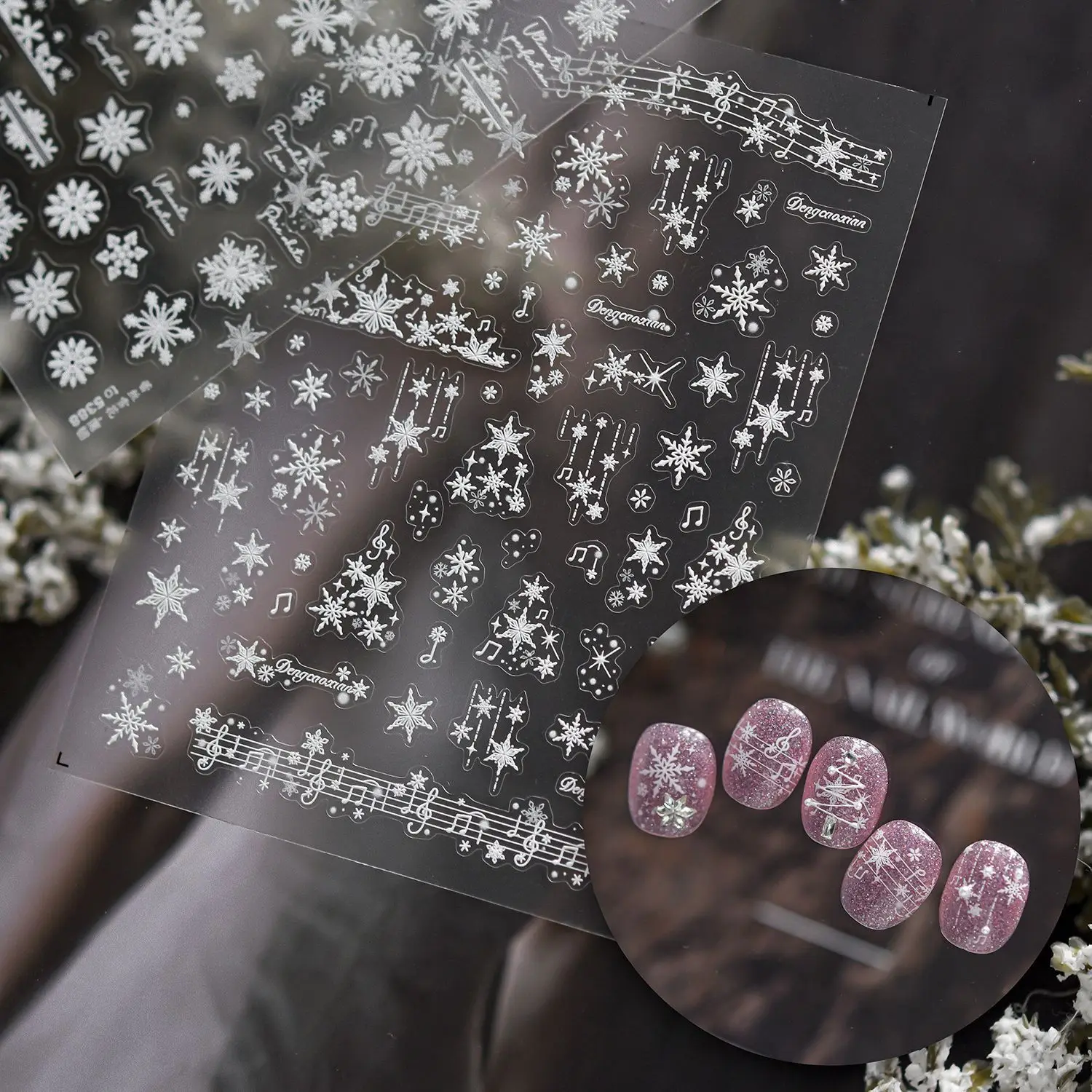 Winter Silver Snowflake Moon Star Starburst Snowball Musical Note Staff Lace Feather Snow DIY Nail Art Stickers Manicure Decals