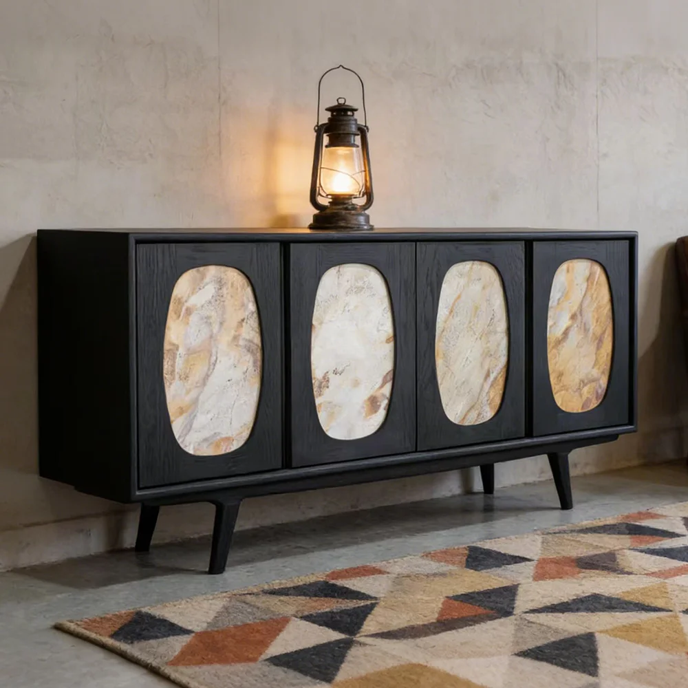 Y*-Modern Black Wood Buffet Sideboard Luxury Marble Inlay Cabinet Living Room Storage Cupboard Home
