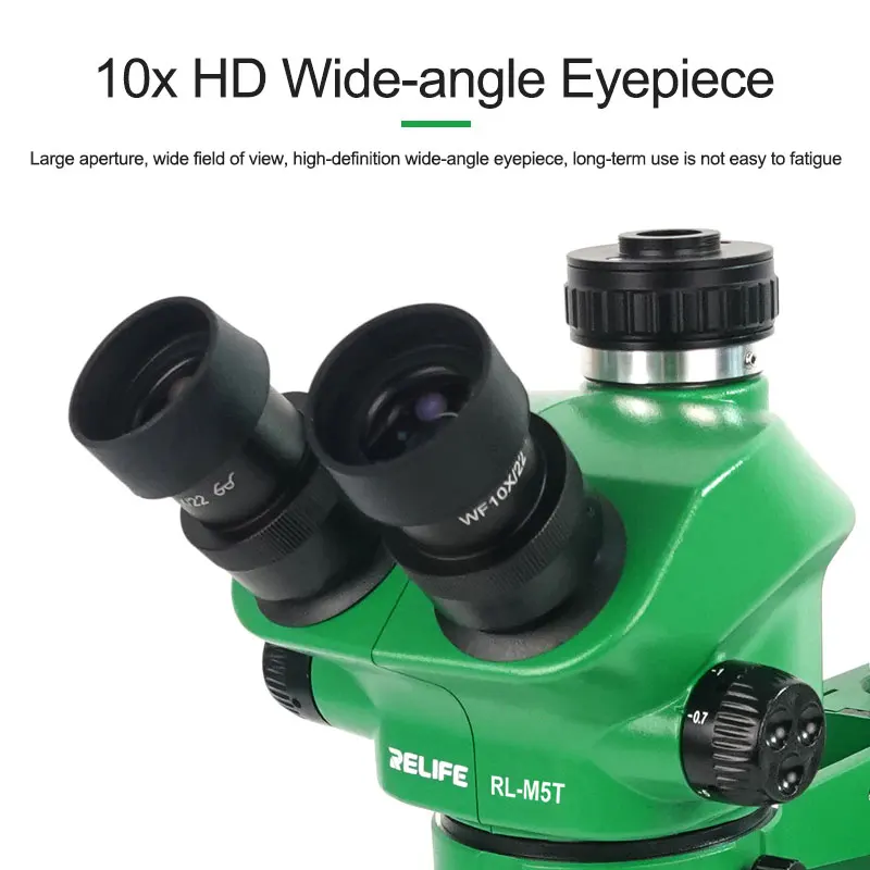 RELIFE RL-M5T-2L Trinocular Microscope Green/Black 7-50 times Zoom High-quality Lighting Device Adjustable Angle and Brightness