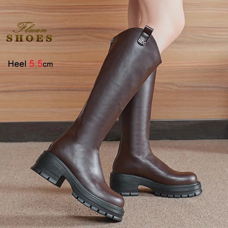 2025 New Knight Boots Woman Classic Tall Boots Thick Soled Casual Versatile Knee Length Boots Brown Coarse Heel Ladies Long Boot