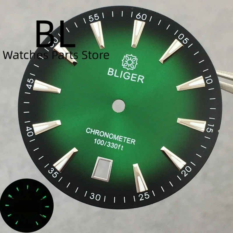 BLIGER 33.2 مللي متر ساعة الطلب 6o'clockSunburst التدرج الأسود المحيط الأزرق الأحمر الهاتفي مضيئة مناسبة ل NH35 ساعة يد تعمل بالحركة ملحق