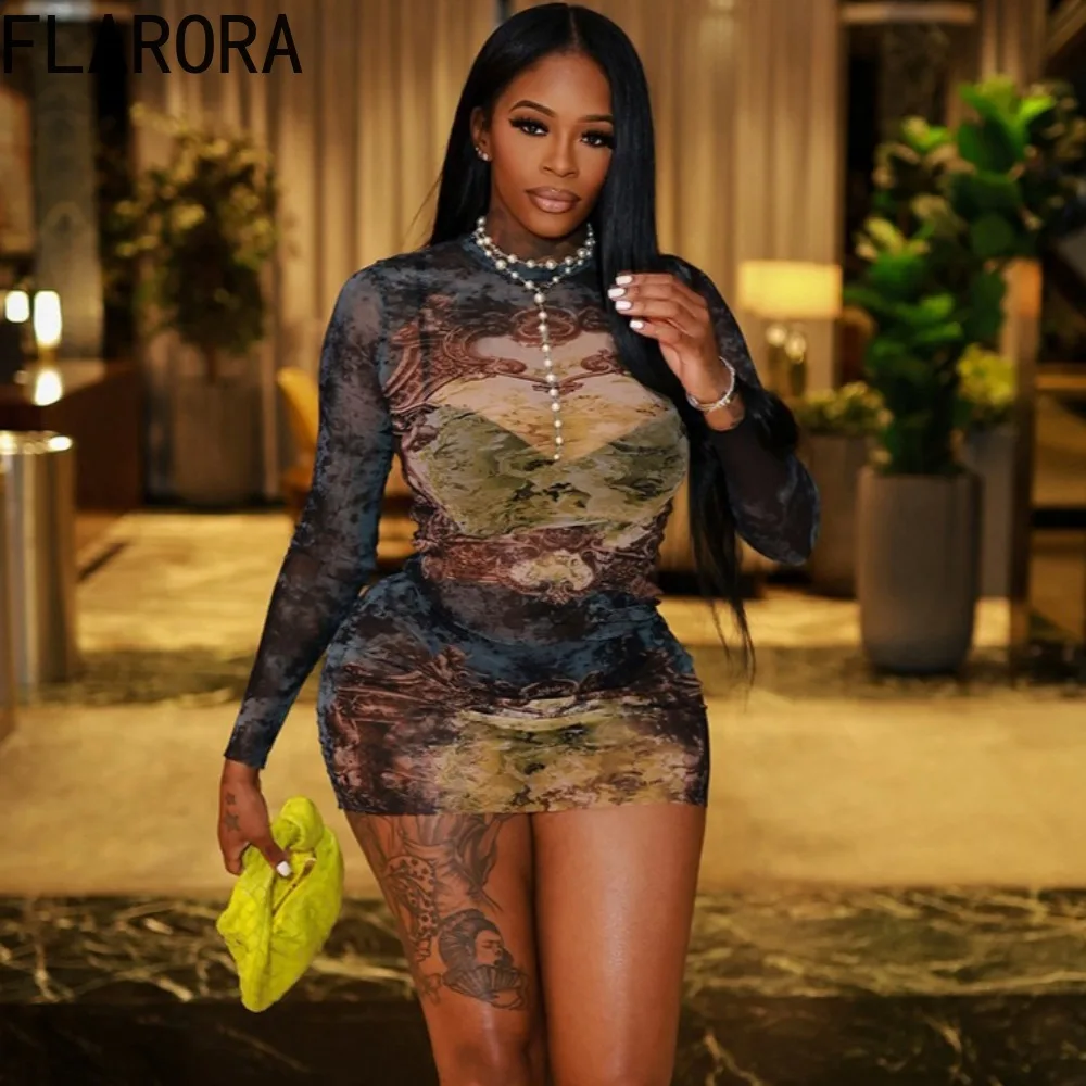 

FLARORA Vintage Tie-dye Printing Mini Dress Woman Round Neck Long Sleeve Bodycon Peach Hip Dresses Sexy Party Clubwear Stretch