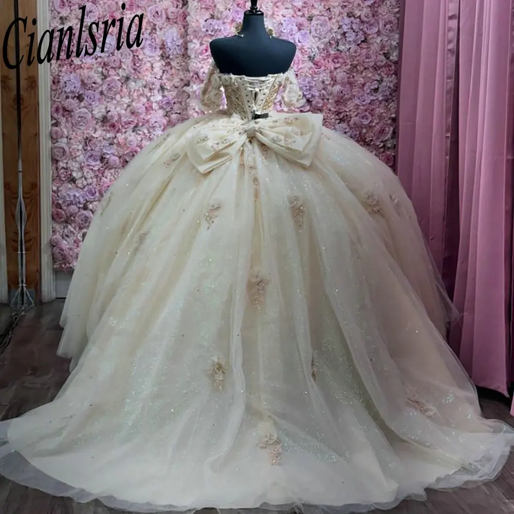 Champagne 3D Flowers Beading Crystal Quinceanera Dresses Ball Gown Appliques Lace Bow Customized Corset Vestidos De XV Anos