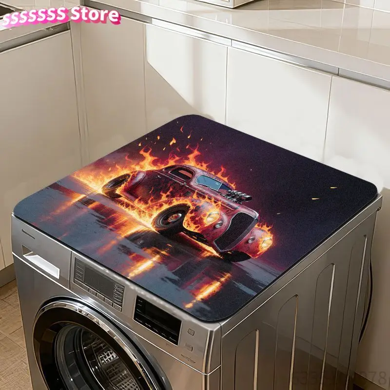 Vintage Red Hot Rod  Flames Design Polyester Fiber Washing Machine Dryer Pad, Classic Sleek Body with Chrome Ornament & Round He