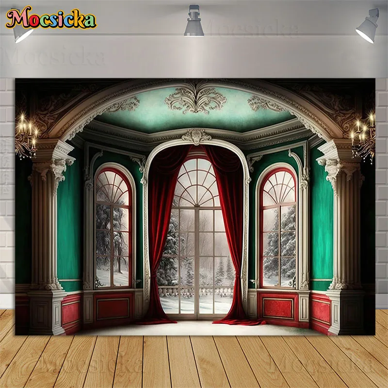 Fondo de decoración Interior de castillo, fotografía, cortinas rojas, pared clásica verde, retrato de vacaciones para niños, fondo de cumpleaños y boda
