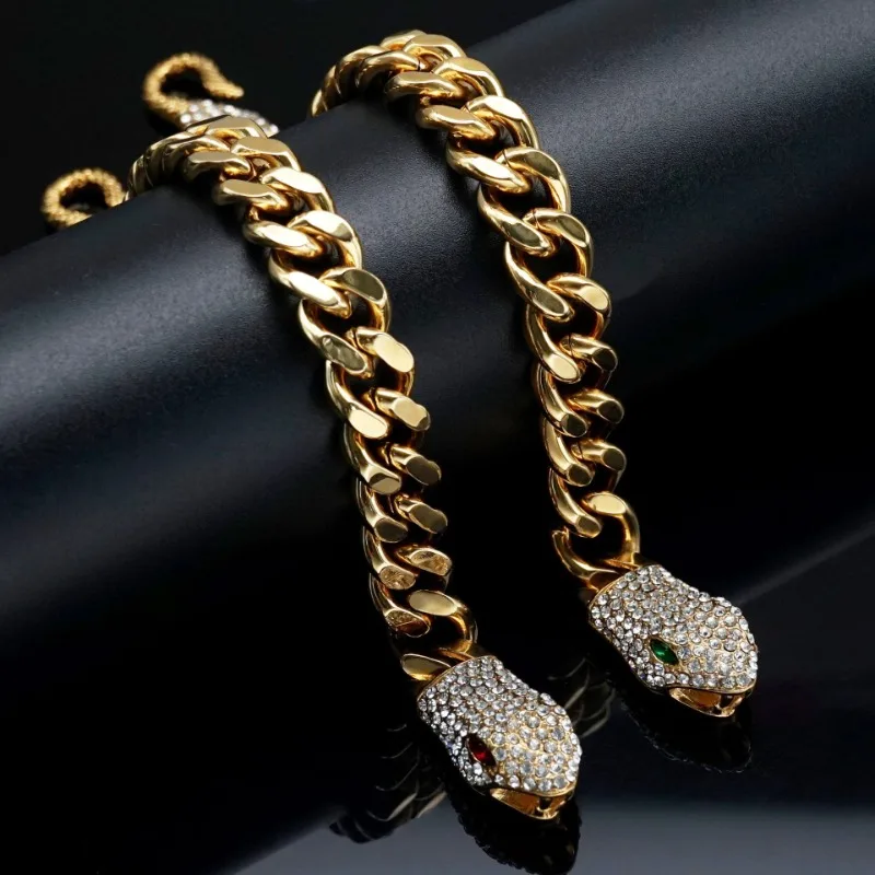 

Hip Hop Stainless Steel Snake Bracelet for Men Rhinestone Gold Color Cuban Chain Accessories Party Jewelry Birthday Gift