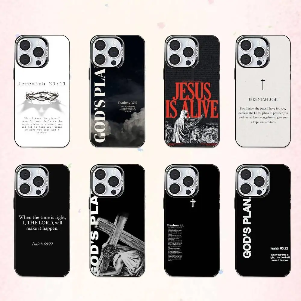 

G-Gods Plan Jesus B-Bible Verse Phone Case For iPhone17,16,15,14,13,12,11 Plus,Pro Max Colored Silver Plated Inside Cover