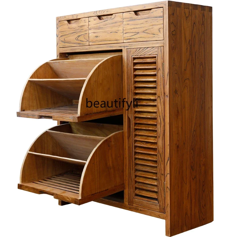 

S Old Elm Shutter Door Tilting Shoe Cabinet Wooden Shoe Rack Modern Simple Large Capacity Combination Furniture Storage Cabinet