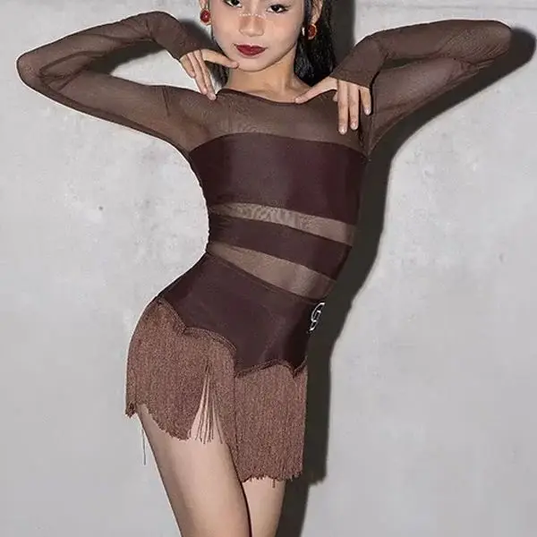 

Girls Long Sleeved Latin Dance Dress with Tassels Ballroom Competition Costume Kids Stage Performance Wear Skirt Top Set