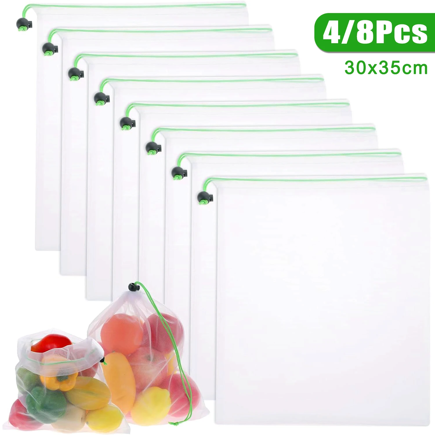 

4/8PCS Reusable Produce Mesh Bags Washable Vegetable Storage Bags With Drawstring Toy Organizer Bags Grocery Storage Mesh Bags