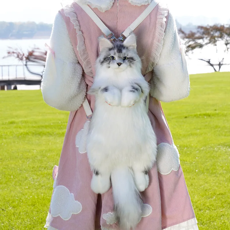 Handmade Grey Maine Cat Backpack Stuffed Animal Kitten Fashion Gift For Women Kids Anniversary Birthday Lolita Decor
