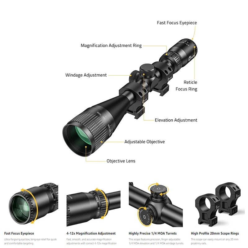 

CVLIFE 4-12x44 Rifle Scope Mil-dot Reticle Optics Sight 1-inch Tube Second Focal Plane Riflescope for 20mm Picatinny for Hunting