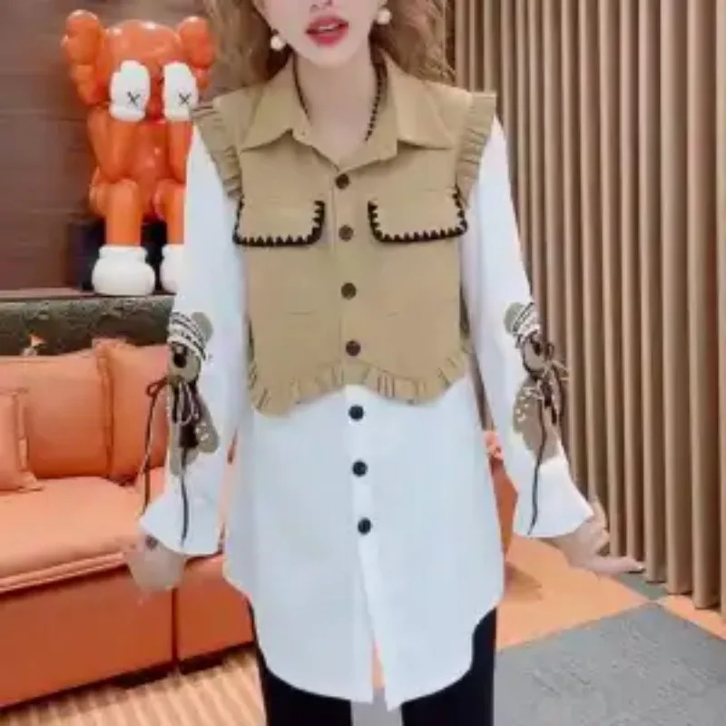 

Осенняя новая мода с воротником-поло, свободная куртка-рубашка средней длины с длинными рукавами и медведем