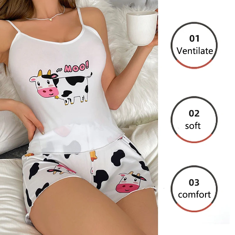 Two-Piece Set Women Sexy Camisole Top Shorts Casual Pajamas Cartoon Cow Pattern Print Versatile Sports Suspenders Loungewear