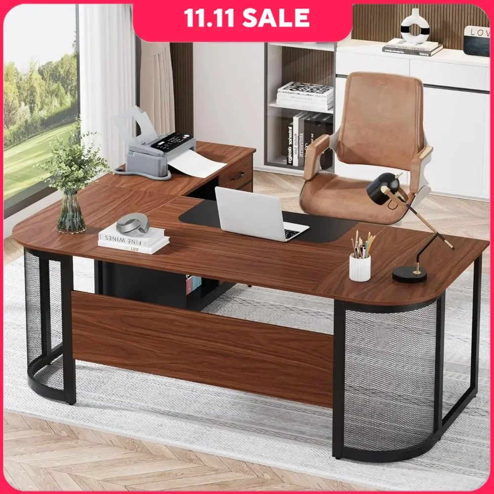 

63 Inch Executive Desk, Large L-Shaped Desk with Drawer Cabinet, Corner Executive Office Desk with Storage Shelves