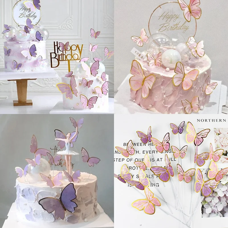 10pcs Colorful Gilt Edged Butterfly Cake Topper Happy Birthday Cake Decorations Wedding Bride Dessert Party Decor