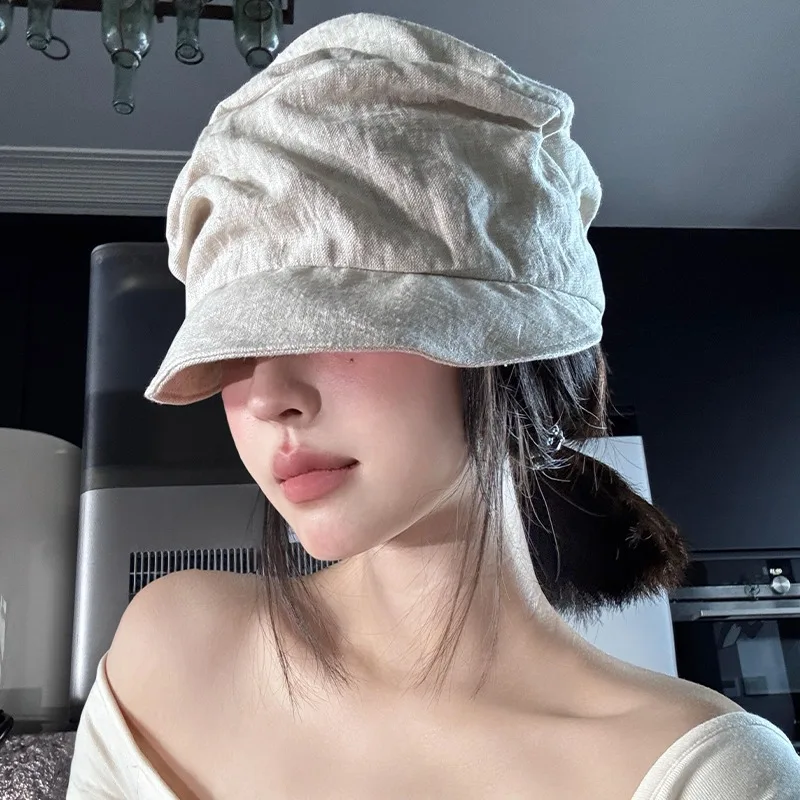 

Japanese Cotton and Linen Pleated Design Large Version Beret Spring and Autumn Big Head Soft Brim Sunshade Painter Hat for Women