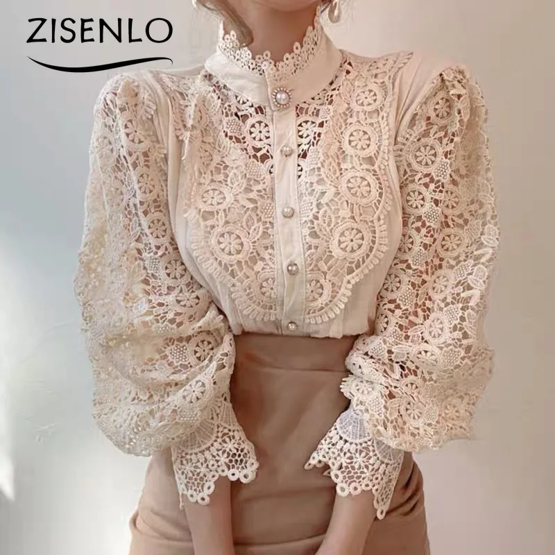 

Autumn Loose Buttons Lace Hollow Shirt Splicing Long-sleeved Stand-up Collar Blouses Vintage Solid Color Top Camisas De Mujer