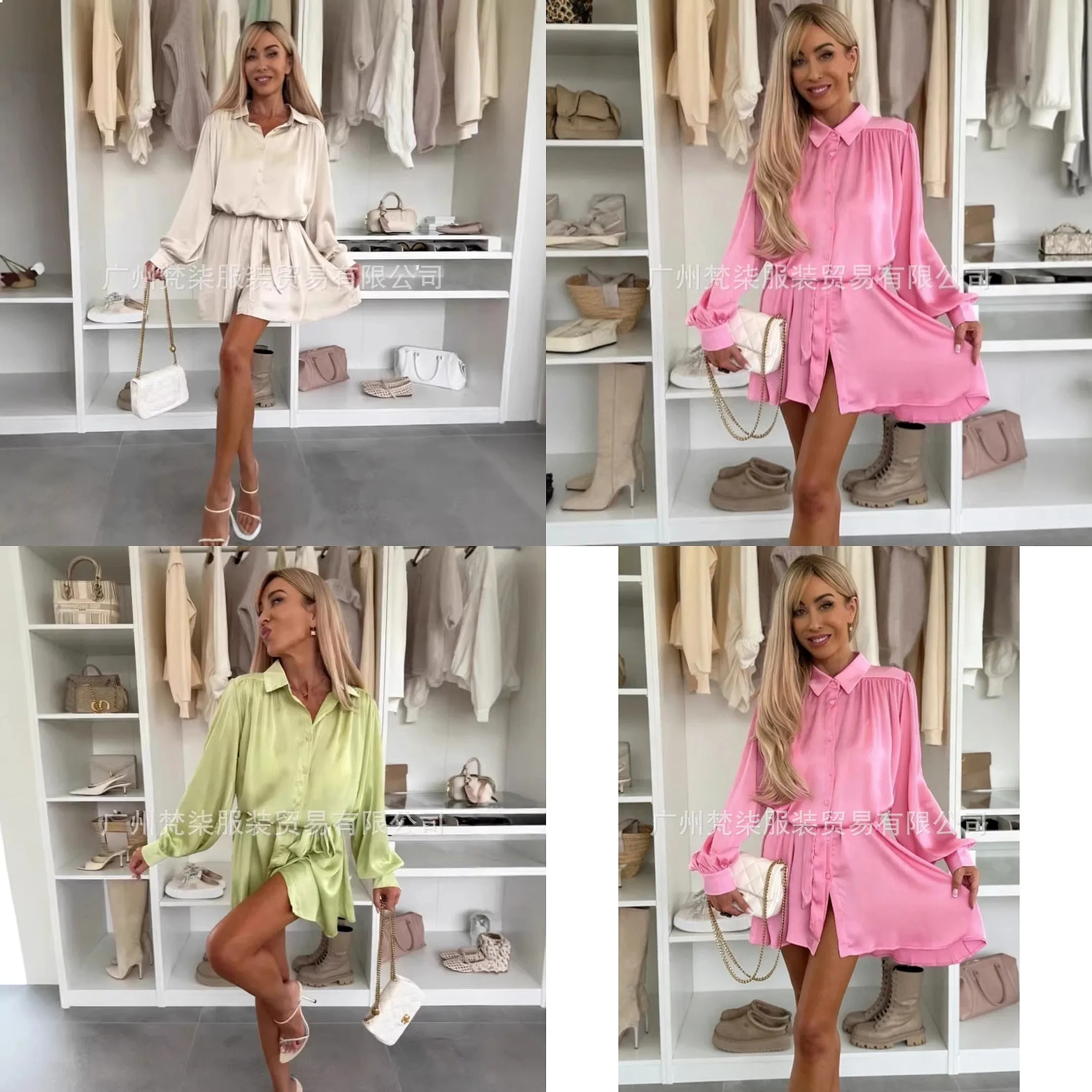 

Solid Color Long Sleeve Shirt Dress Casual Bodycon Mini Dress Spring Summer Blouse Top Dresses