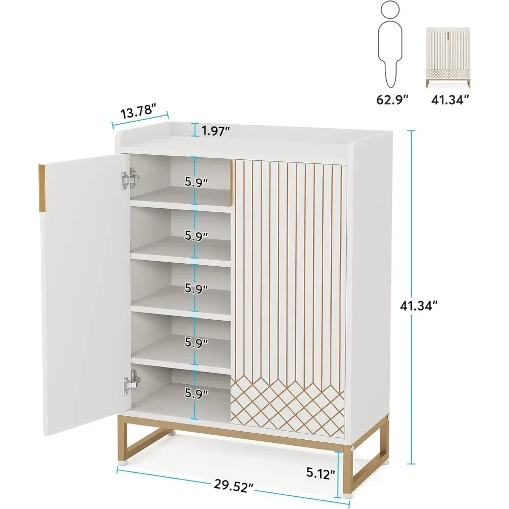 Shoe Cabinets with Doors, 5-Tier Modern Shoe Rack Organizer Cabinet, Freestanding Wood Storage Cabinet with Gold Metal Frame