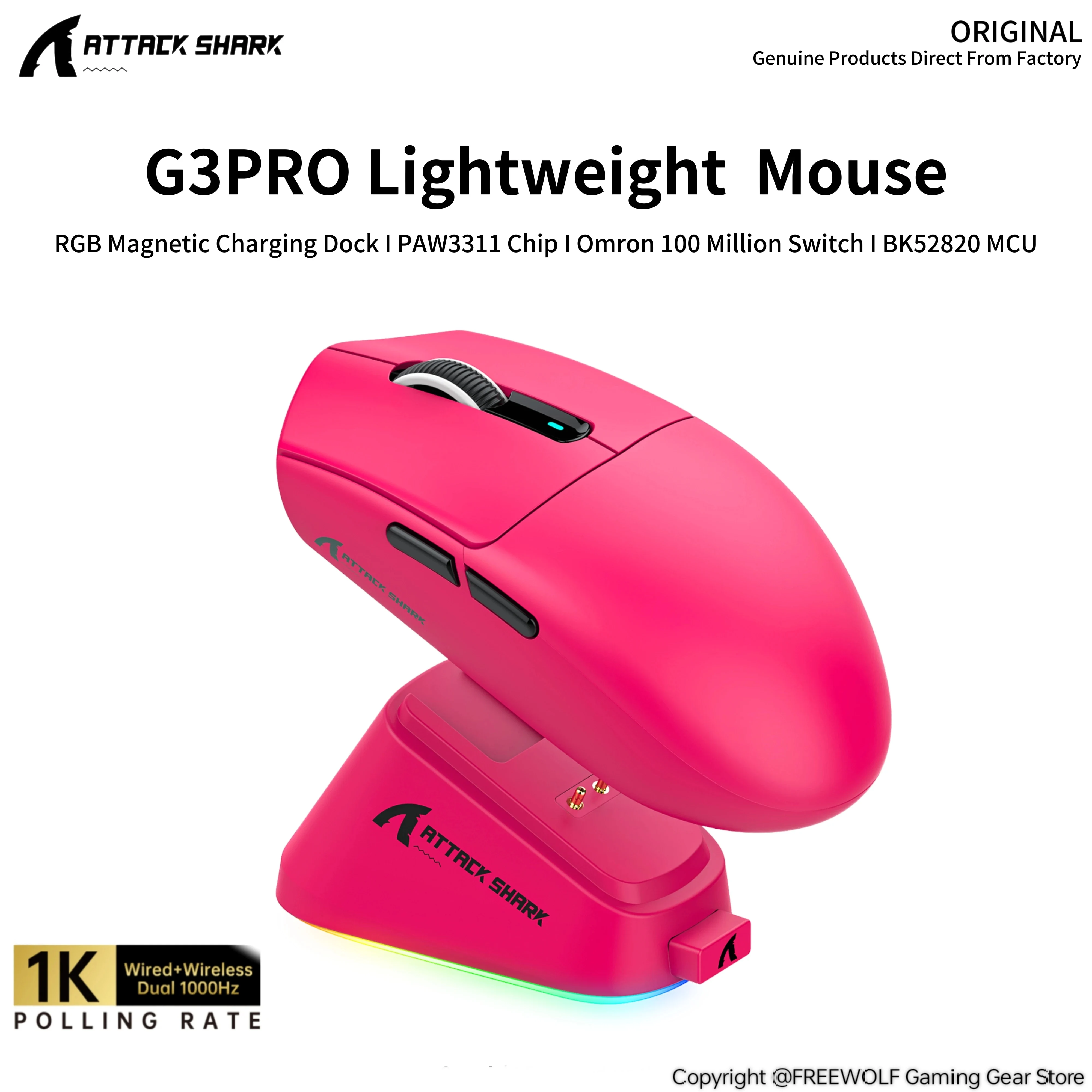 ATTACK SHARK G3PRO Wireless 1K Hz Mouse and RGB Magnetic Charging Dock,PAW3311 Sensor,25000 DPI Gamer Mouse for PC/MAC/Wins