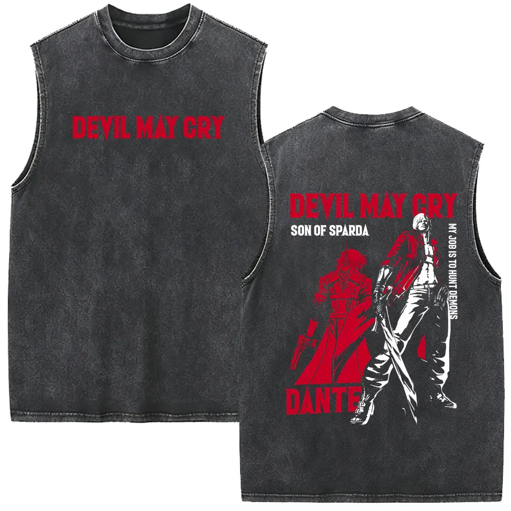 Hot Sale Anime Devil May Cry Son of Sparda Vergil Vintage Washed Tank Tops Men Women Cartoon Oversized Sleeveless Vest T-shirt