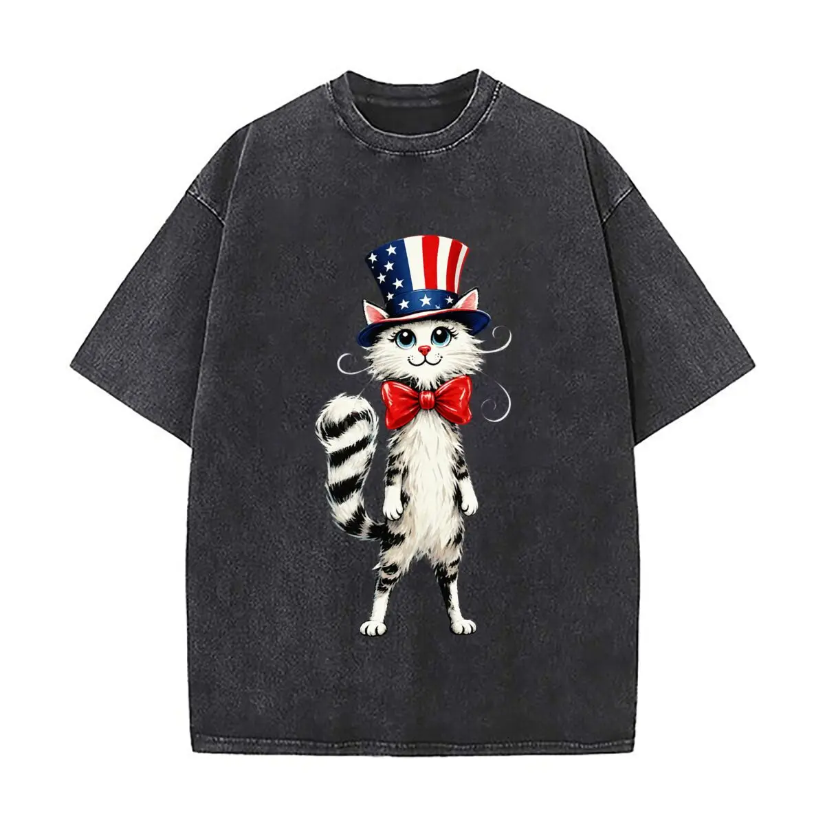 Patriotic Cat American Flag Stars Stripes Red Bow Tie Washed Short Sleeve Loose Streetwear Tee Hip Hop