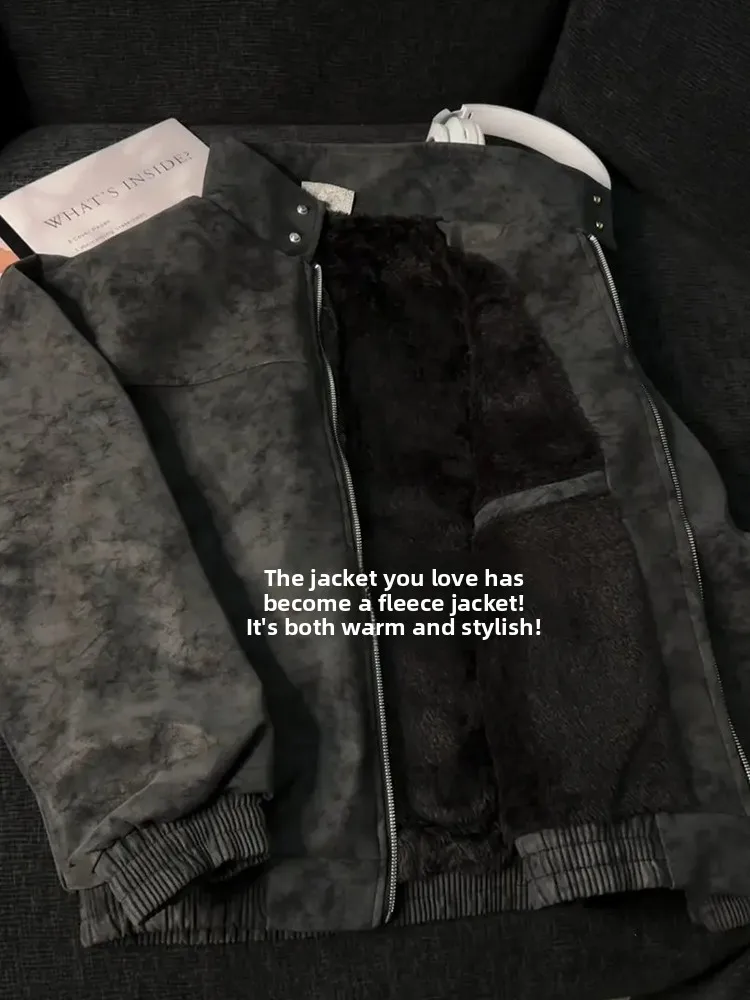 

Retro American Waed Dyed Lamb Fur Jaet Men's Winter Fce Lined Thiened Motorcycle Leather Coat Stand Collar Baseball ...