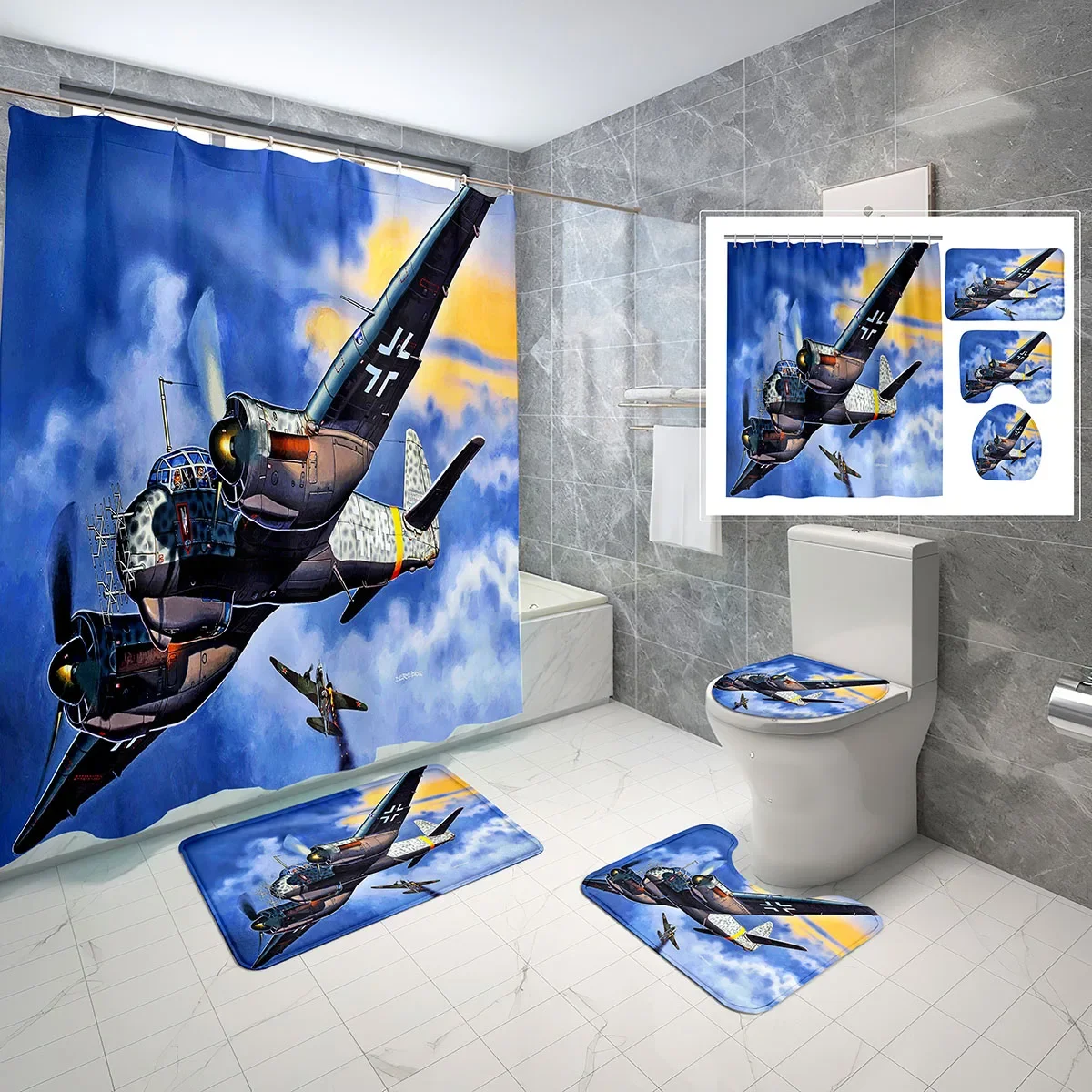 

4 Sets Oil Painting Airplane Shower Curtain Sets with Non-Slip Bath Mat,Toilet Lid Cover and Bombing Plane Shower Curtain Set