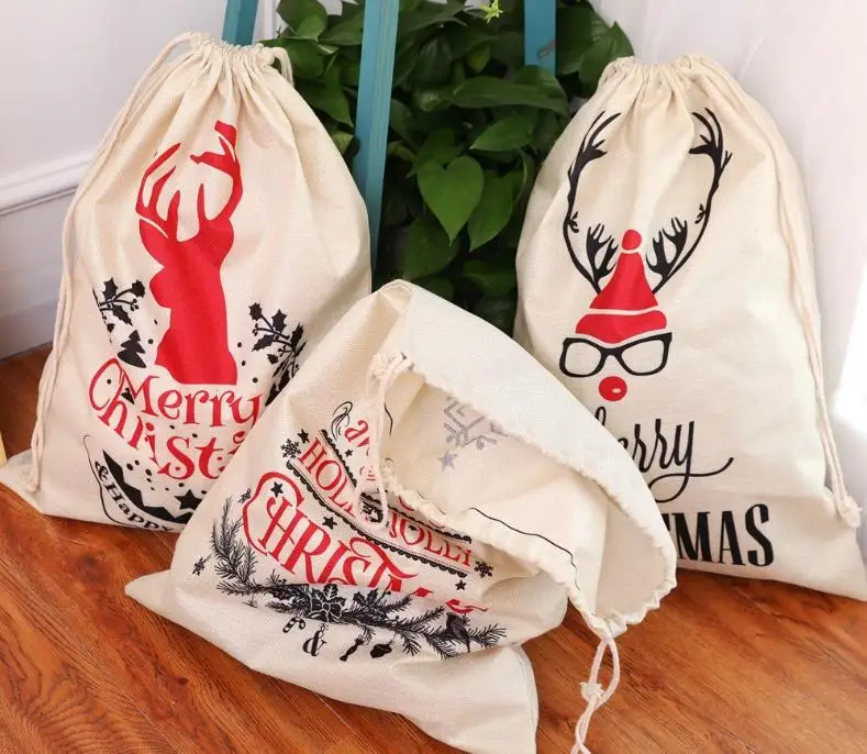 Christmas Gift Bags Large Organic Deer Elk Bag Storage Xmas Sack Drawstring Bag Reindeers Santa Claus Kids Candy Sack Wholesale