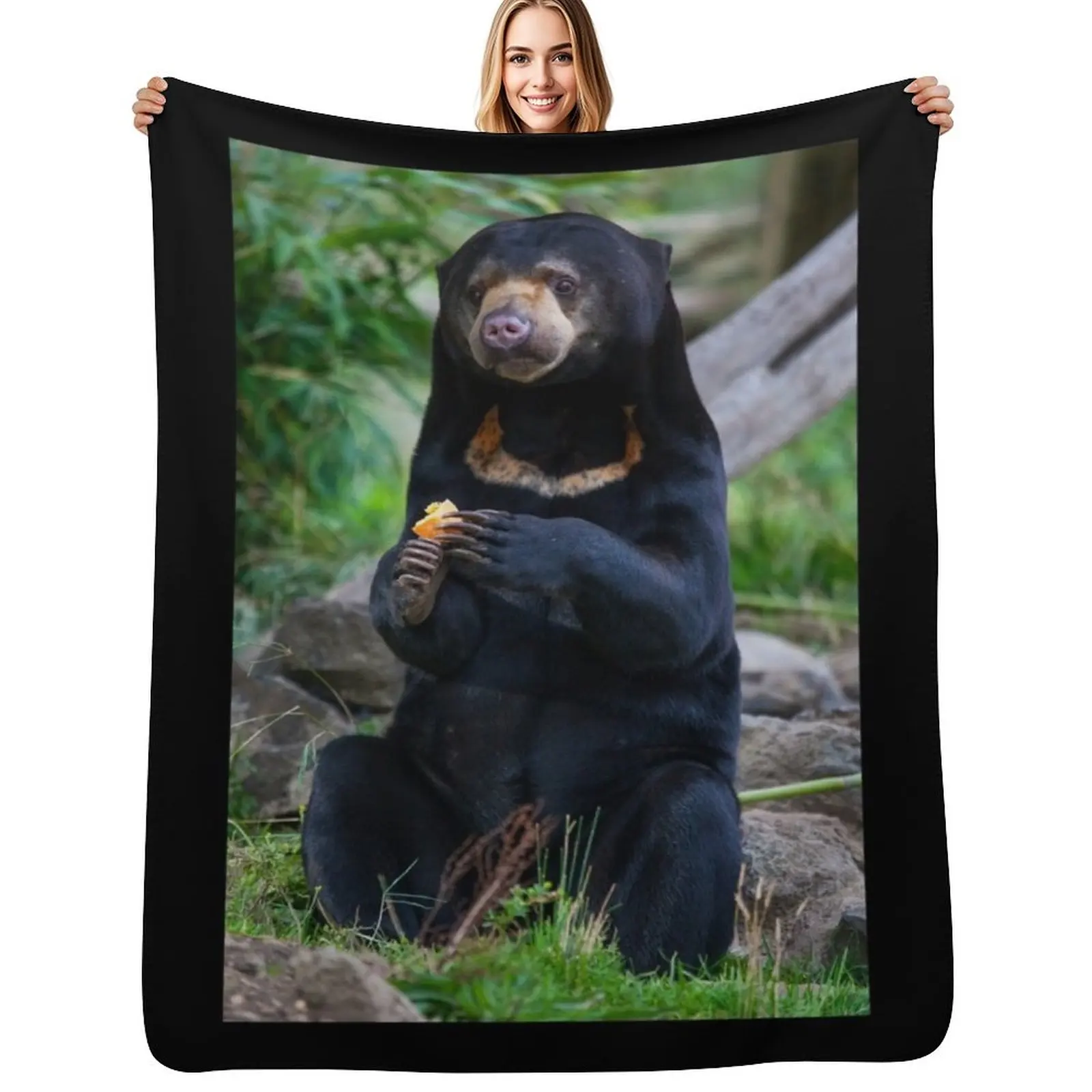 Couverture décorative douce et moelleuse anti-peluchage avec motif Ours du soleil de Malaisie pour la maison