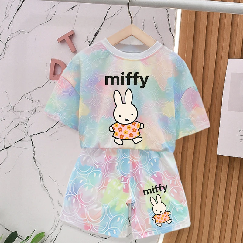 

Miffys Rabbit Summer Clothing Sets for Baby Girl Outfits Cute Print Tie-dye Smlie Tees Children Short Sleeve T Shirt Shorts 2pcs
