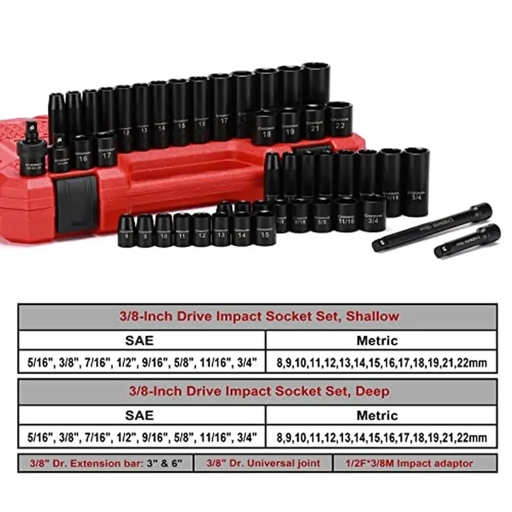 Impact Socket Set 48 Piece 6 Point SAE and Metric Sizes with Extension Bar and Universal Joint Cr-V Steel High Visibility