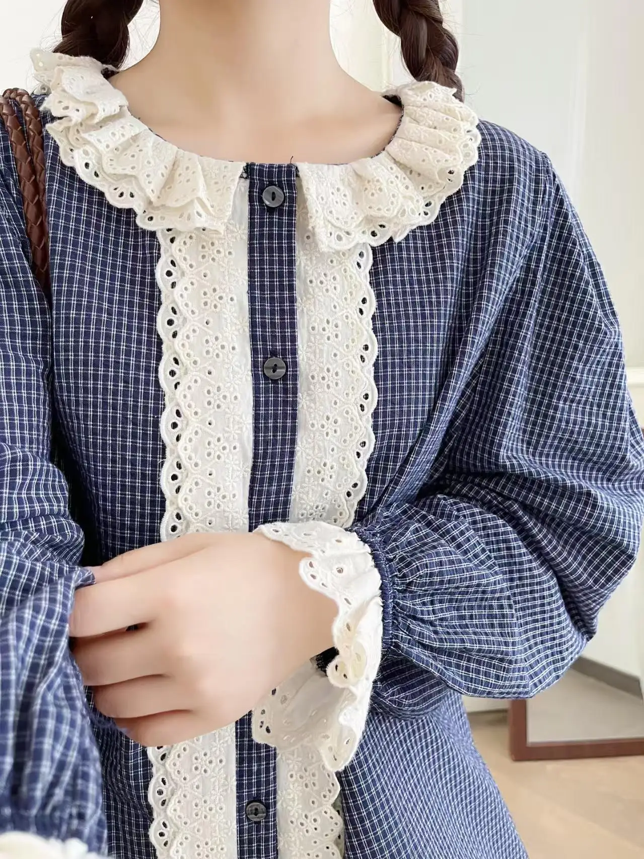 New 2026 Autumn Women Cotton Flare Sleeve Shirt, Ruffled Plaid Lace Patchwork, Mori Girl French Casual Loose Blouse T66925CC