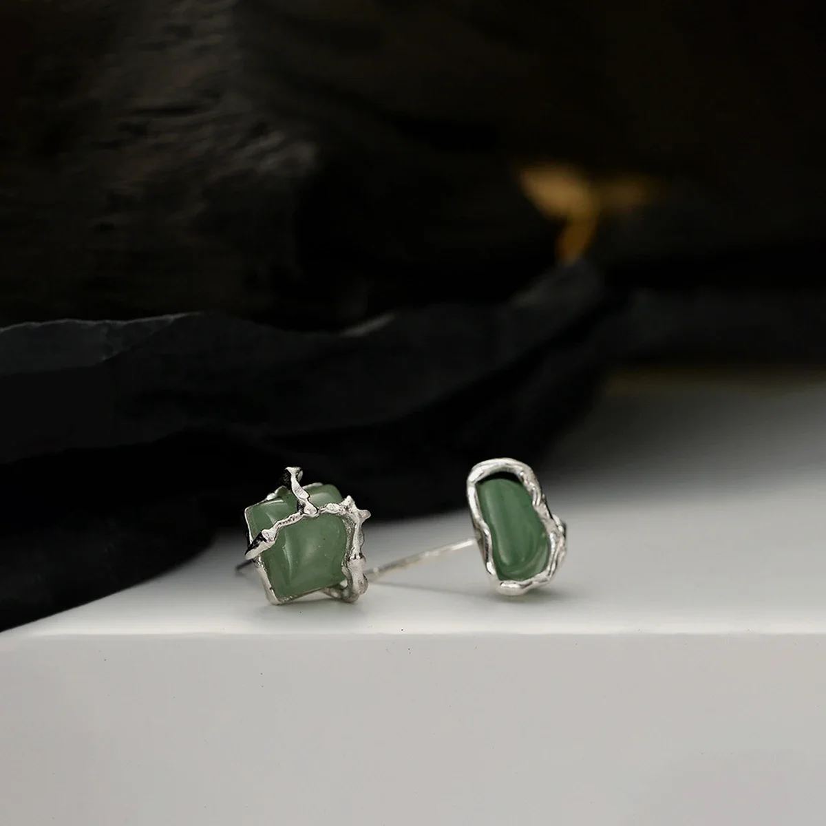 New Chinese style style earrings for women's S925 sterling silver square green Dongling perforated boutique jewelry