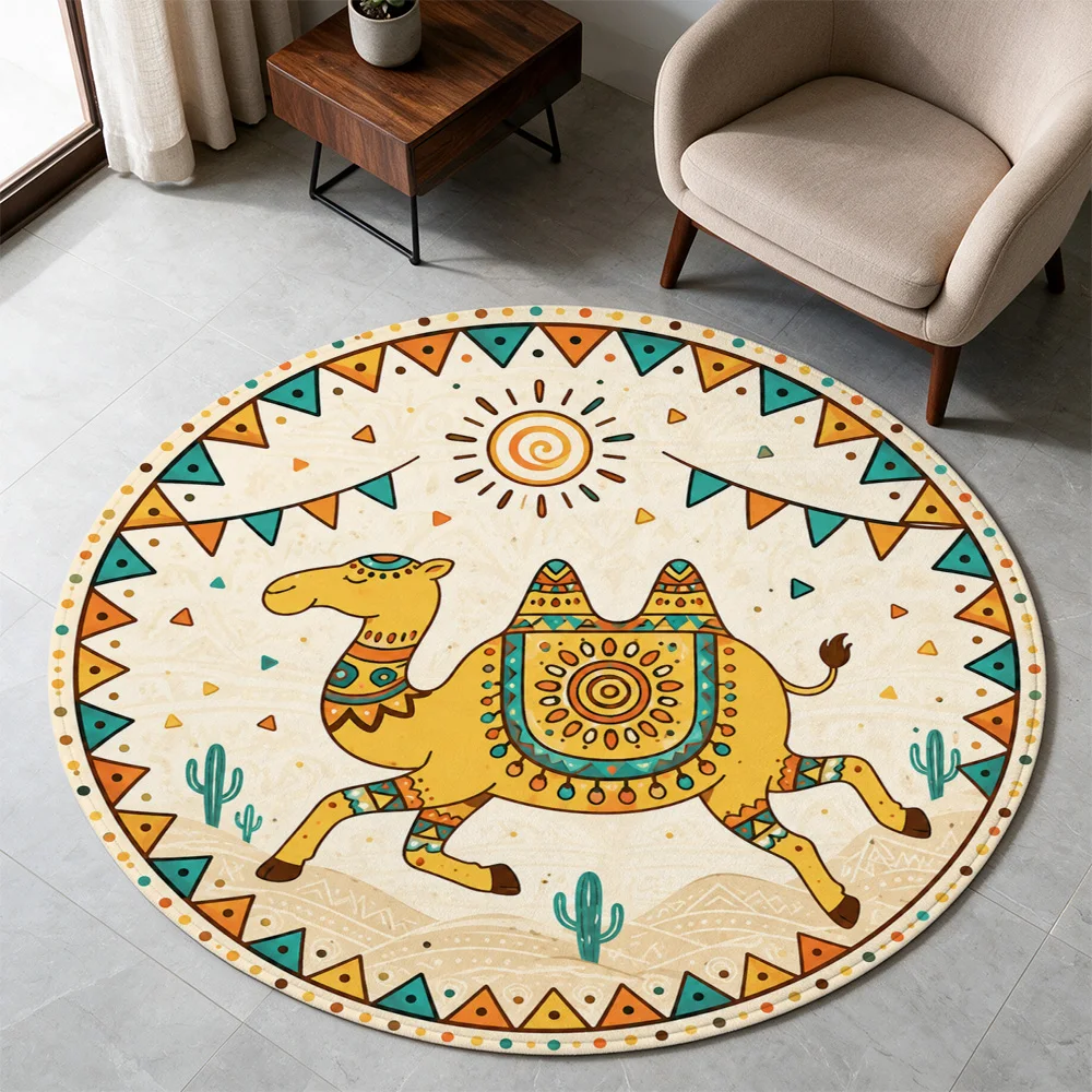Boho Desert Camel Rug Round Area Mat Southwestern Bohemian Style Hippie Picnic Floor Decor