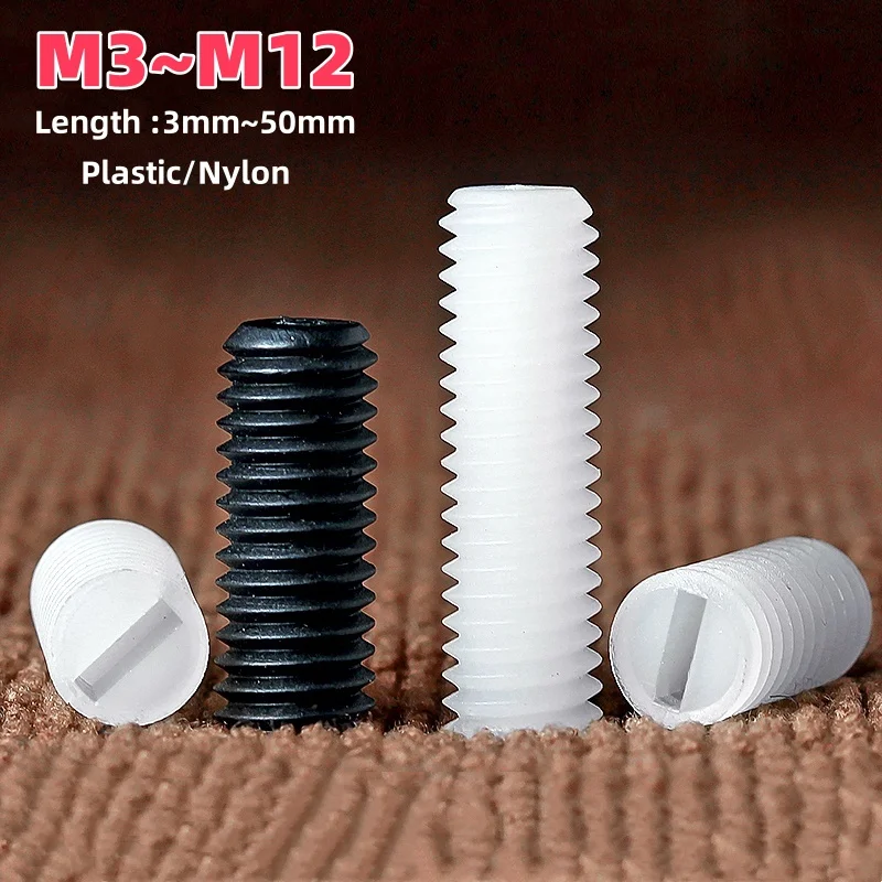 Nylon Slotted Head Set Screw M3 M4 M5 M6 M8 M10 M12 Black White Plastic Insulation Flat Point Set Grub Screw Headless Set Screws