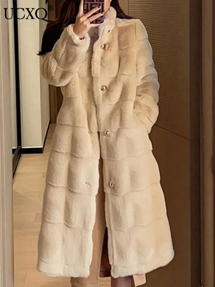 UCXQ Elegant Women's Faux Fur Coat Gentle Loose Temperament All Match Stand Collar Casual Long Outerwear 2024 Autumn Winter 4783