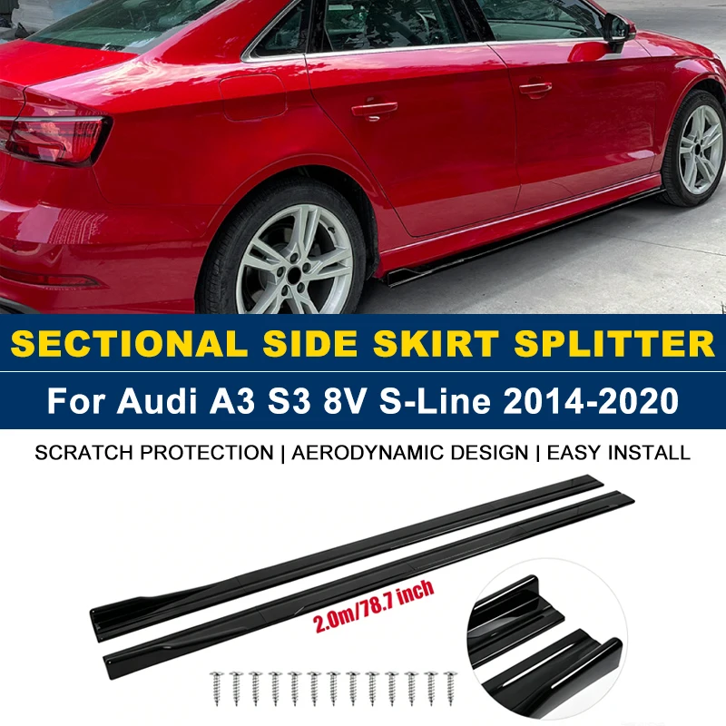 2M/78.7" Side Skirts Extension Rocker Panel Splitter For Audi A3 S3 8V S-Line 2014-2020 2015 2016 2017 2018 2019 ABS Plastic