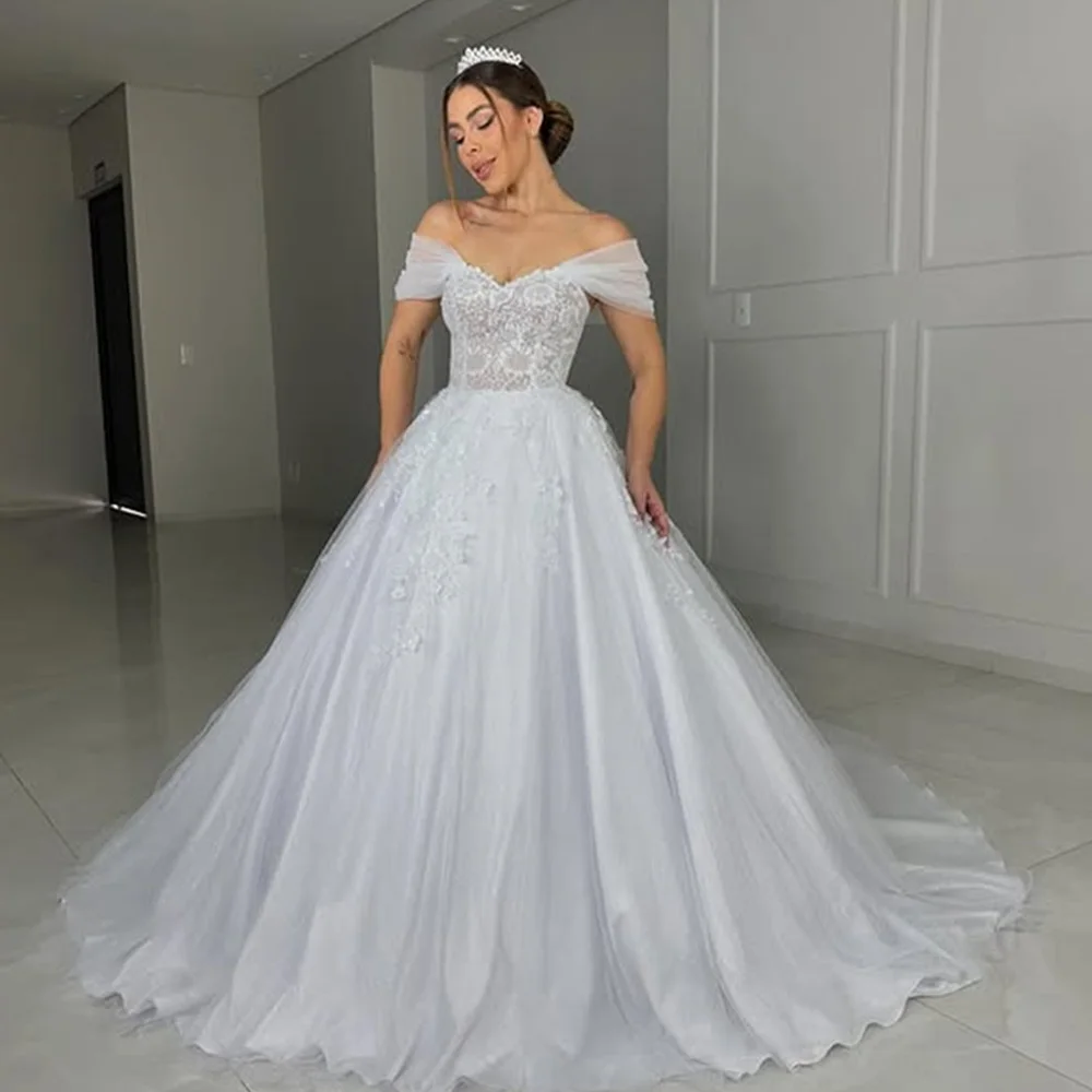 

Charming Off The Shoulder Sweethart Lace Applique Sweetheart Bridal Grown A Line Weddding Dresses Sweep Train Custom Made