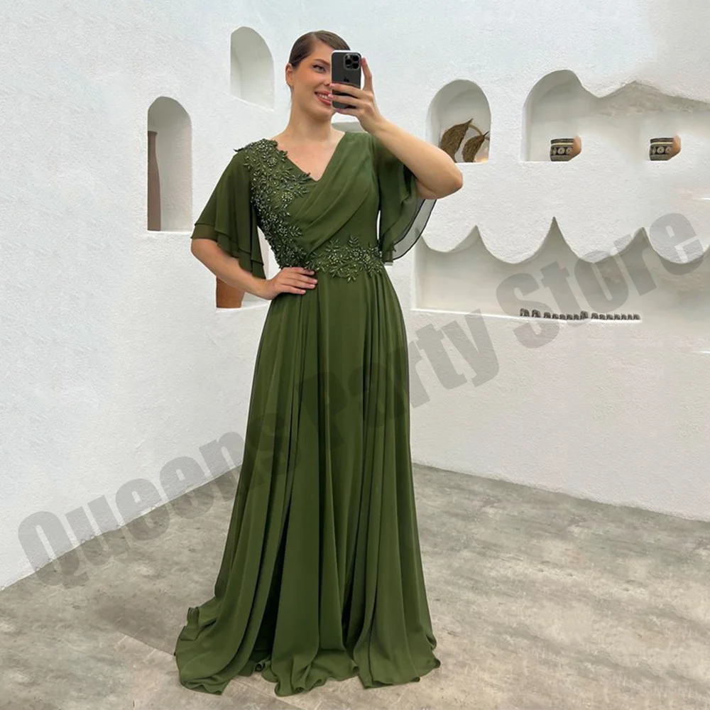 

Army Green Mother of The Bride Dress Plus Size Batwing Sleeves V Neck Beading Applique Chiffon A Line Wedding Guest Gown