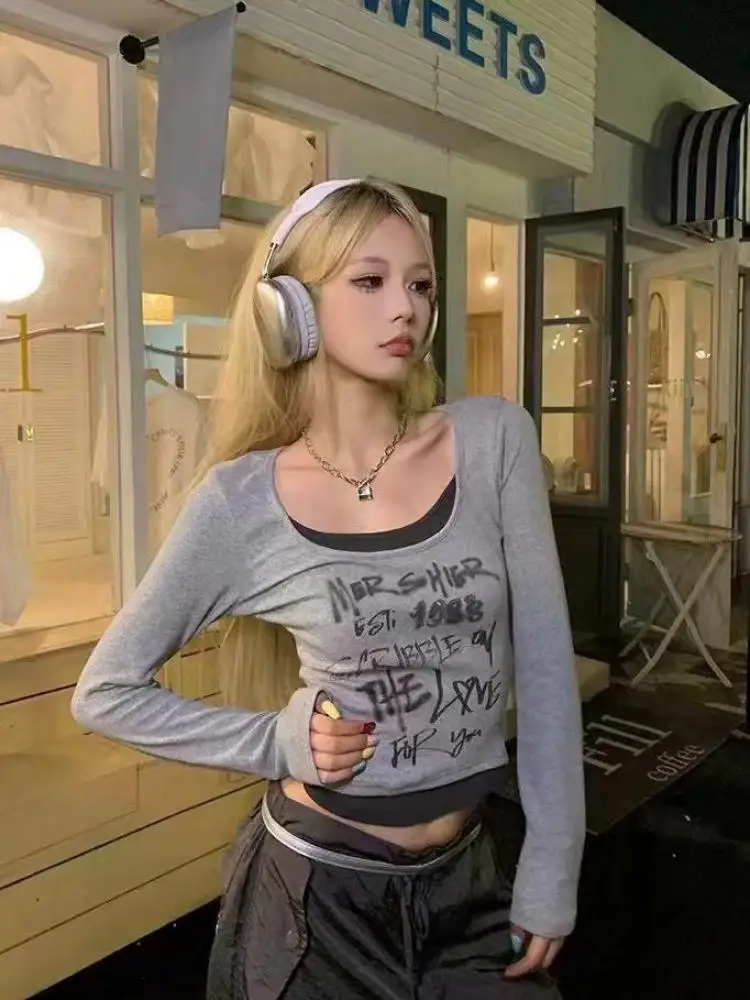 

Korean Women New Patchwork Round Neck Long Sleeved Holiday T Shirt Spring Autumn Letter Printing Slim Tops Casual Clothes Trendy