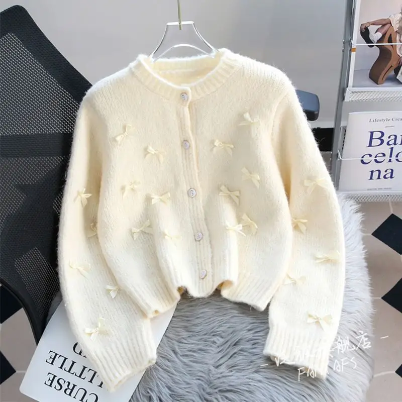 Neploe Korea Chic Minority French Style Bow 3D Flower Jumper New Coat Casual Small Fragrance Knit Cardigan Exquisite Sweet Tops