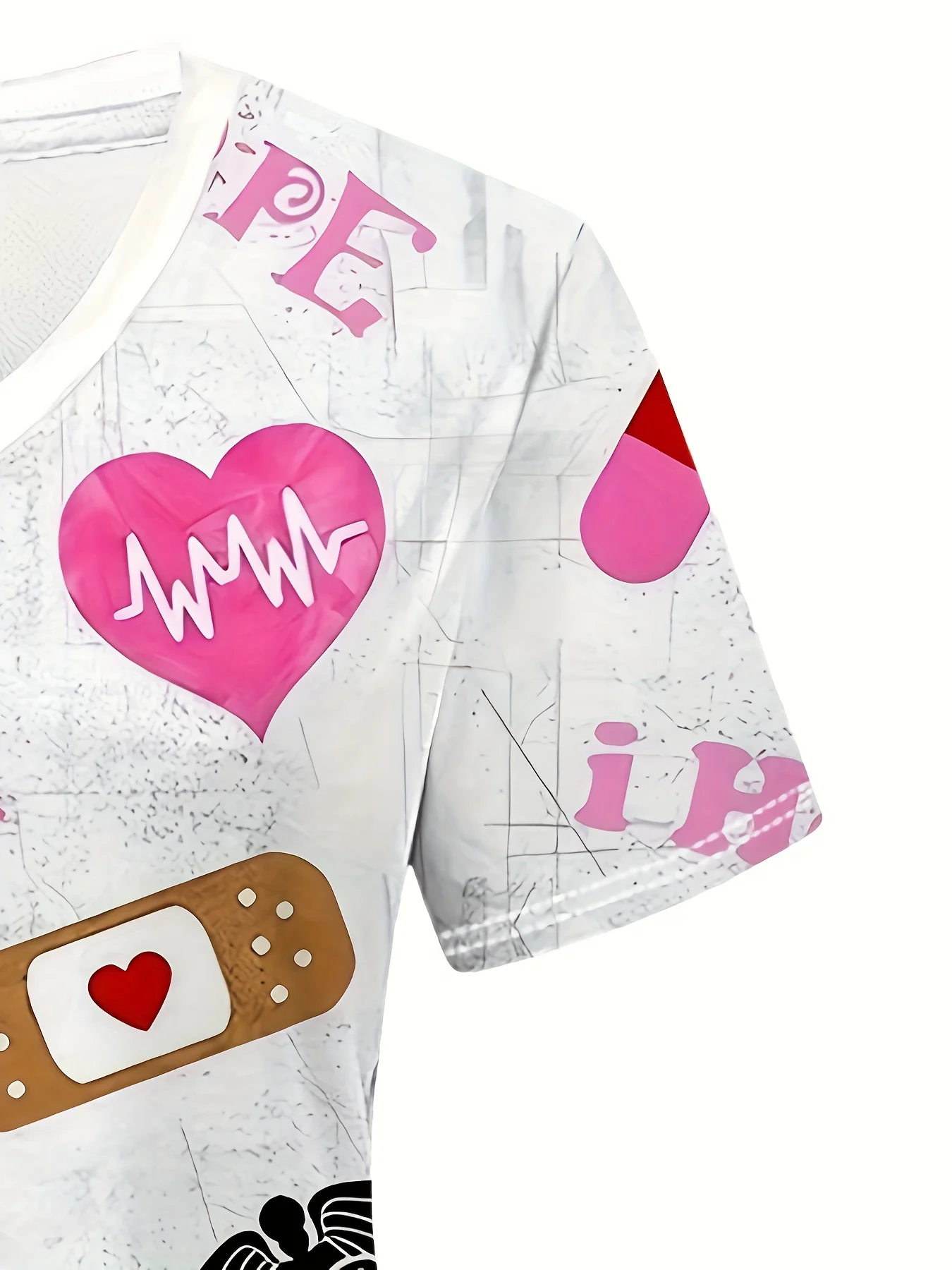 Haut extensible à manches courtes et col en v, imprimé mignon, uniforme de santé d'infirmière confortable et pratique, haut d'uniforme féminin à la mode