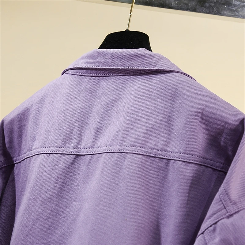 2024 Spring Autumn Purple Denim Jackets Short Women\'s Coat Pockets Single Breasted Long Sleeve Loose Solid Female Outwear Trend