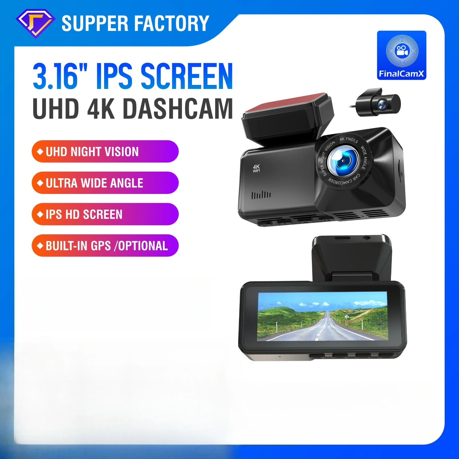 4K Ultra HD WiFi Dashcam Dual Recording Front Rear Camera 3.16